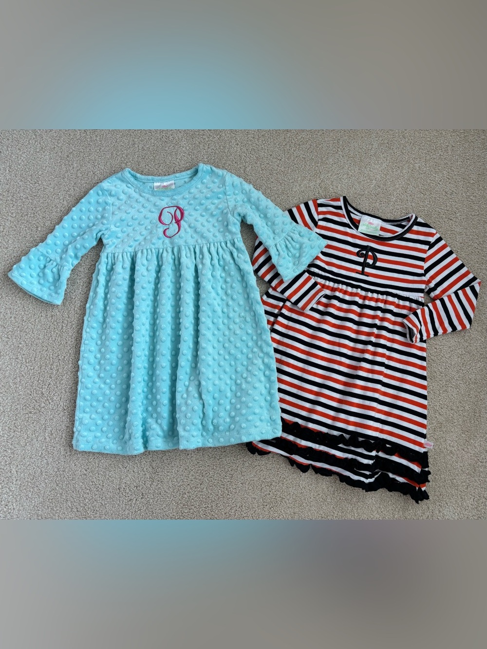 Pair of Lolly Wolly Doodle “P” monogram girls dresses, size 4/5.